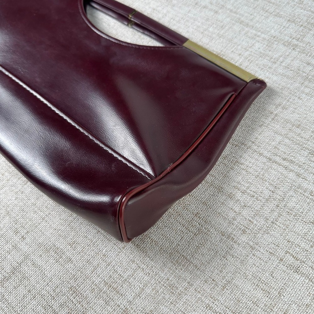 Vintage 1970s Oxblood Burgundy Frame Handbag Clutch Gold Tone Handle - Picture 6 of 11